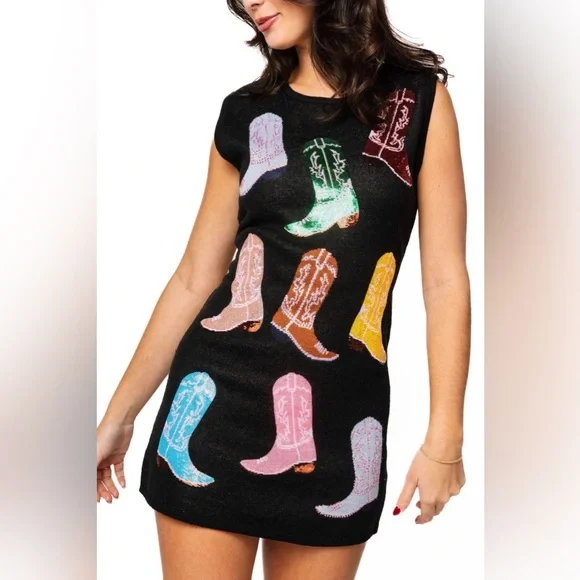 Black Knit Multi Cowboy Boot Tank Dress - Picture 3 of 3